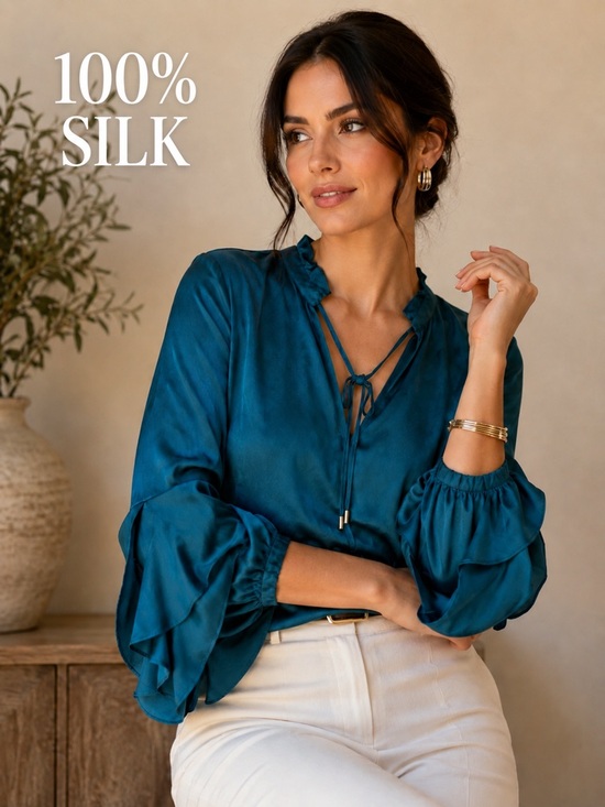 Alice & Trixie Tops - Alice & Trixie 100% Silk Ruffle Sleeve Blouse Teal Tie Neck USA Size L